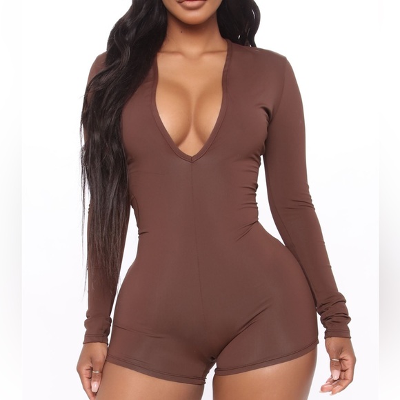 Fashion Nova Brown Stretch Romper - Picture 2 of 3